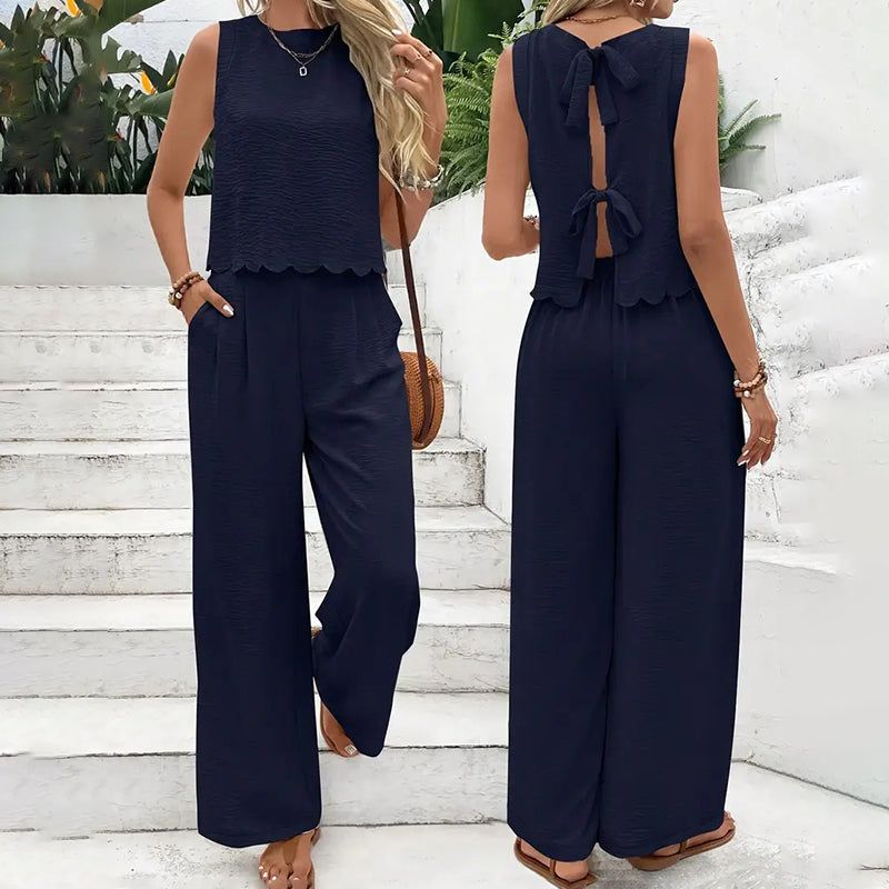 Womens Two Piece Set With Tie Back Top And Wide Leg Pants