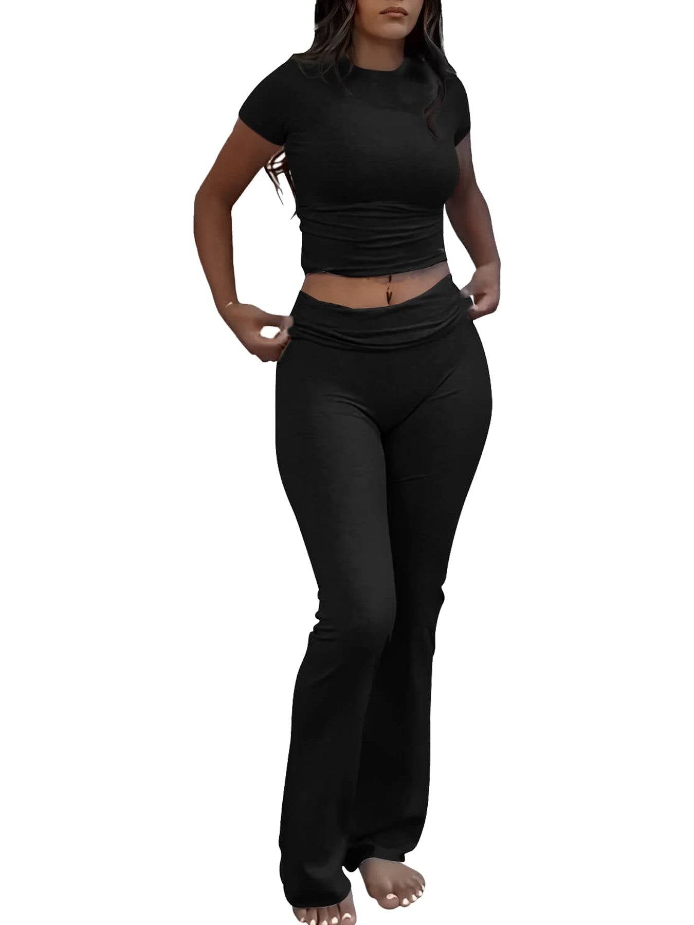 Womens Two Piece Set Slim Fit Crewneck Tee and Flared Pants