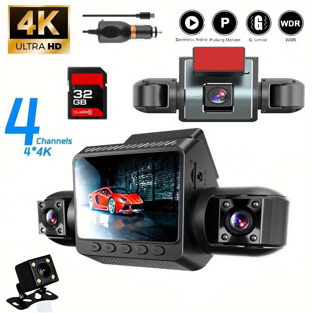 4-Channel 4K Night Vision Dash Cam 360° Rotatable Screen with Front, Rear & Side Cameras Parking Monitor, Motion Detection & 24H Recording for Vehicle Security