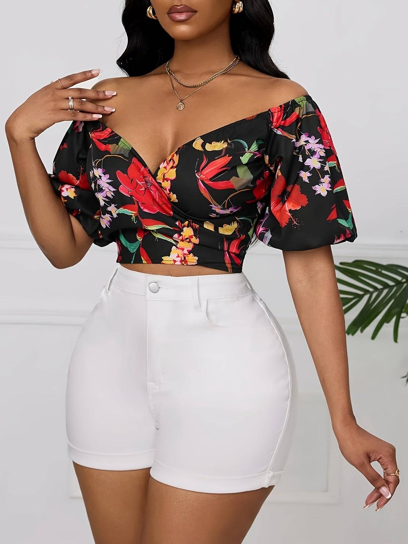 Women’s Off-Shoulder Floral Blouse – Wrap Bust, Lantern Sleeves, Elegant All-Season Top
