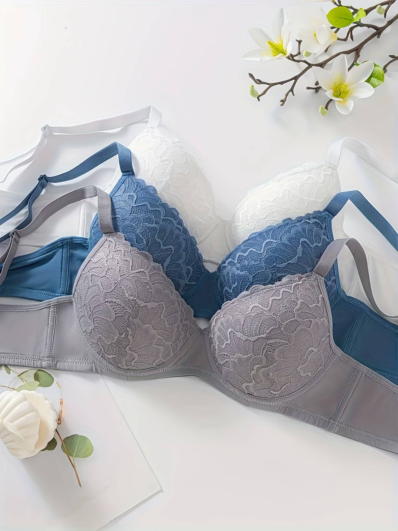 3-Pack Women's Floral Lace Underwire Bras – Comfortable Push Up Design with Lace Detail, Ideal for Everyday Wear & Special Occasions