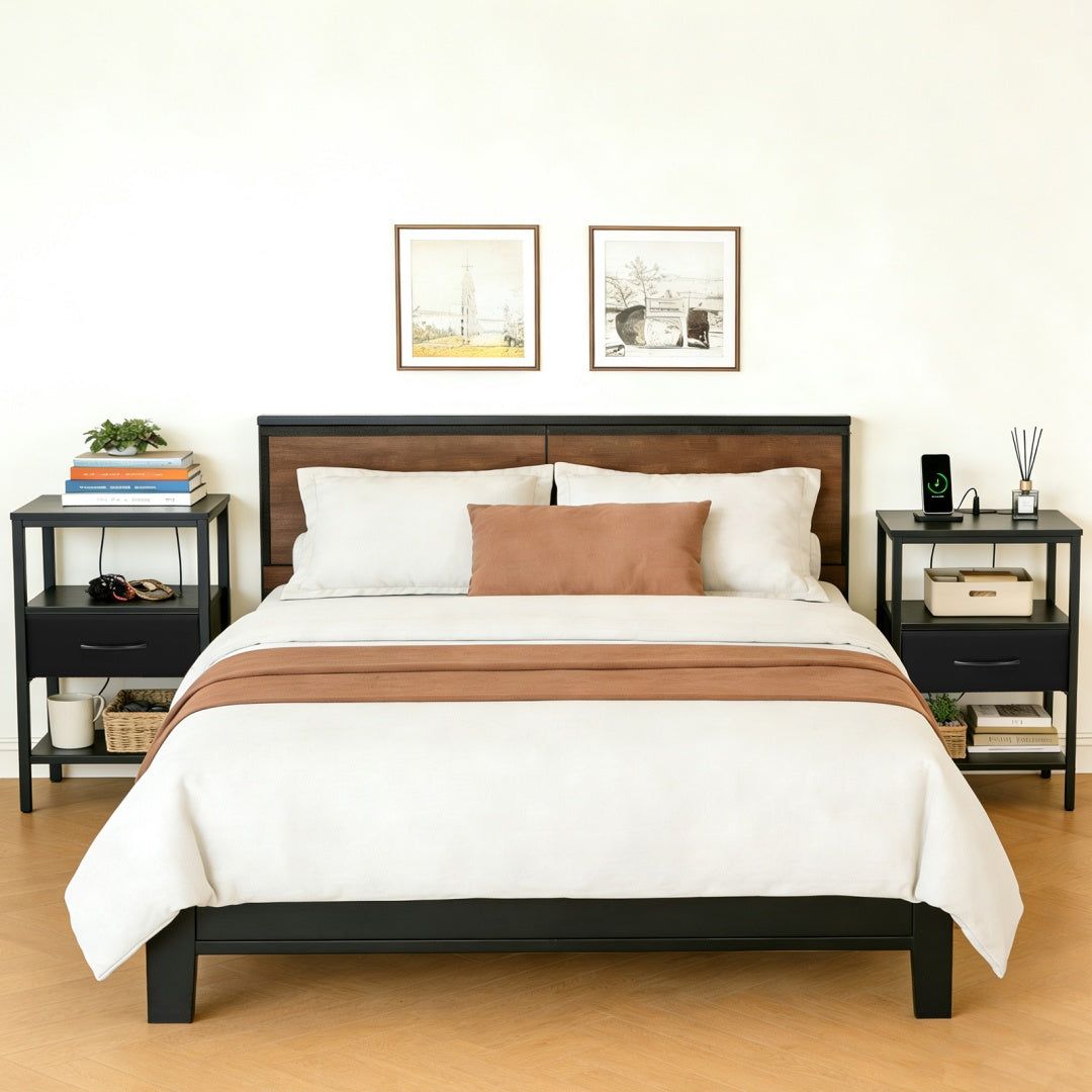 Nightstand with USB and Type C Charging Fabric Drawer