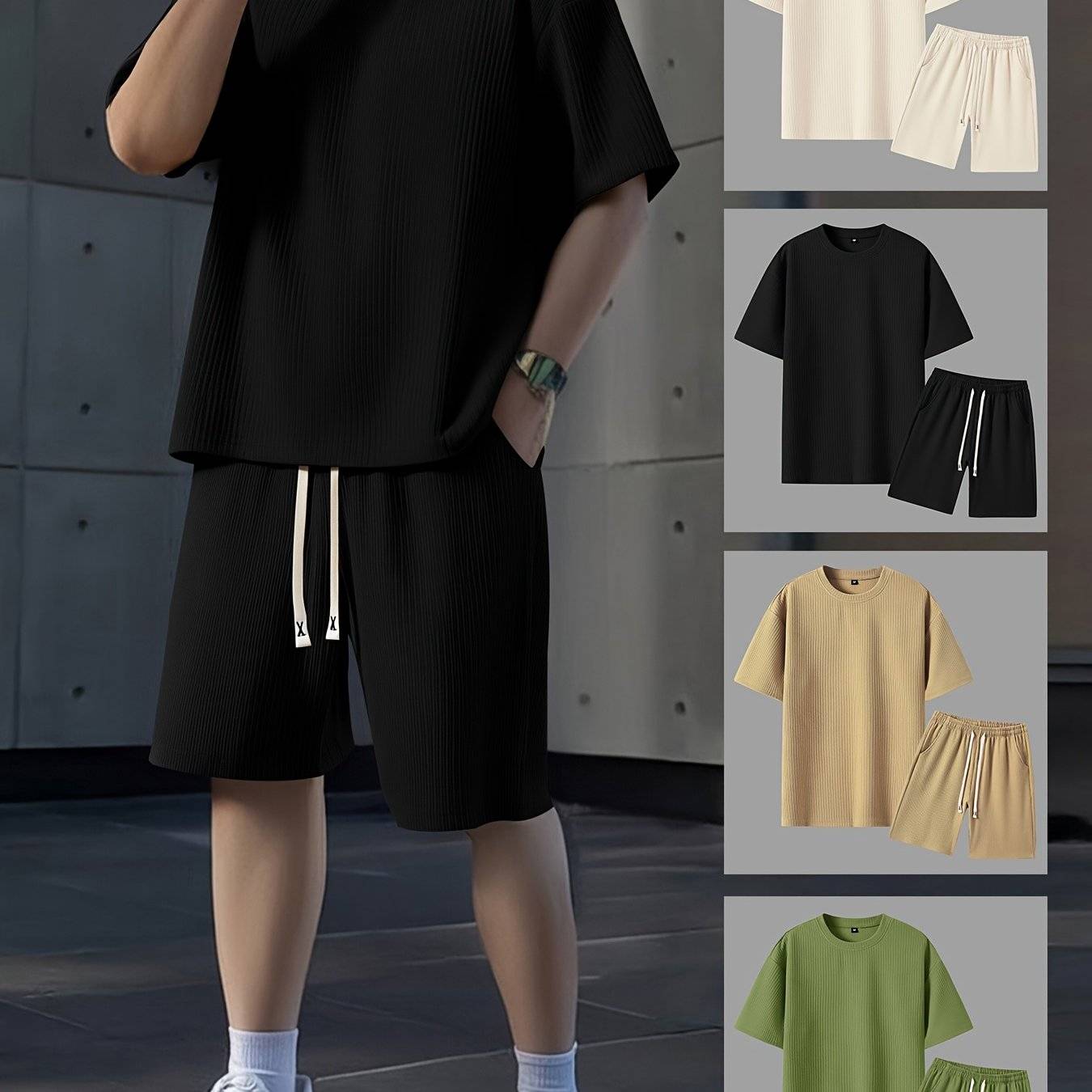 2pcs Men’s Summer Outfit Set – Short-Sleeve T-Shirt & Stretch Shorts in Textured Jacquard Fabric for Casual, Fitness & Beach Wear