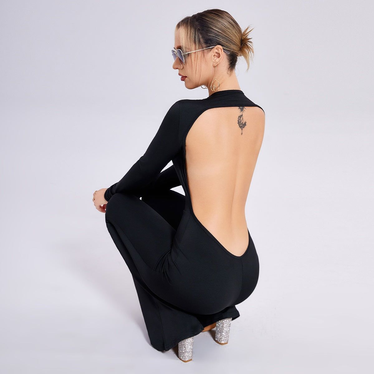 Long Sleeve Open Back Slim Fit Black Jumpsuit