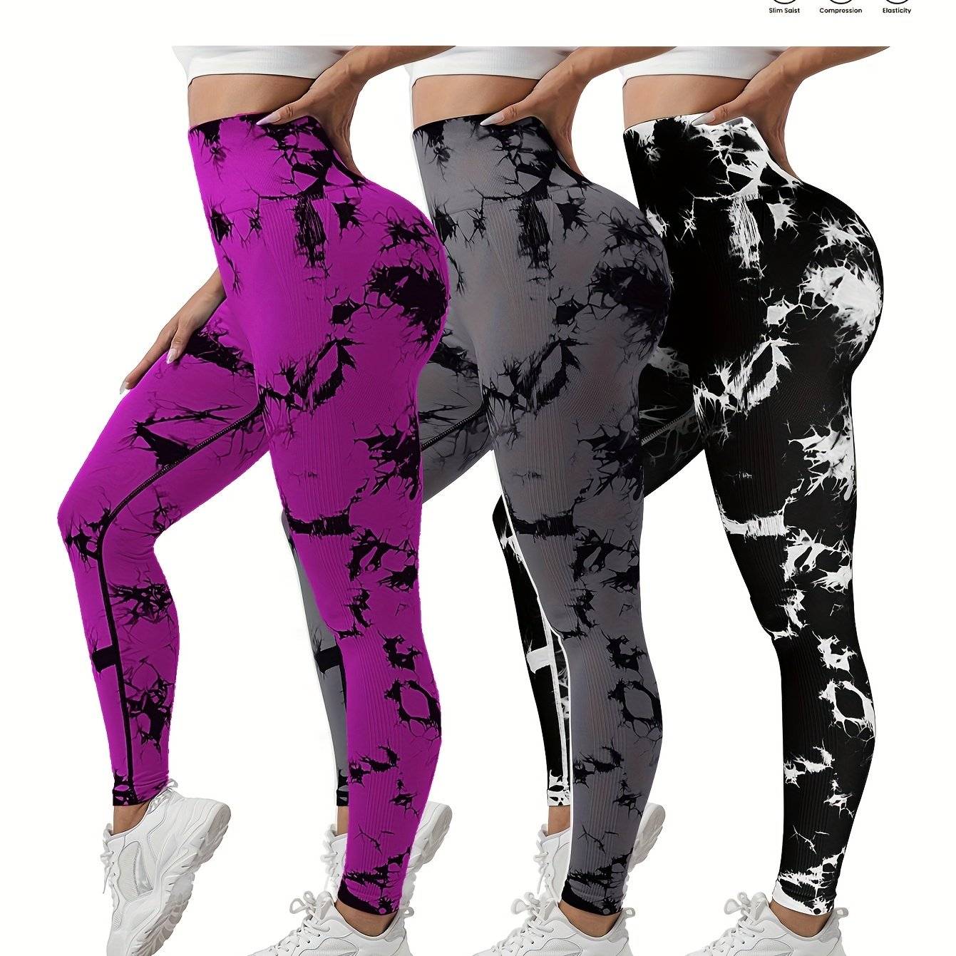 3-pack women’s seamless high-waisted tie-dye leggings, butt-lifting compression fit, multicolor 9/10 sports pants