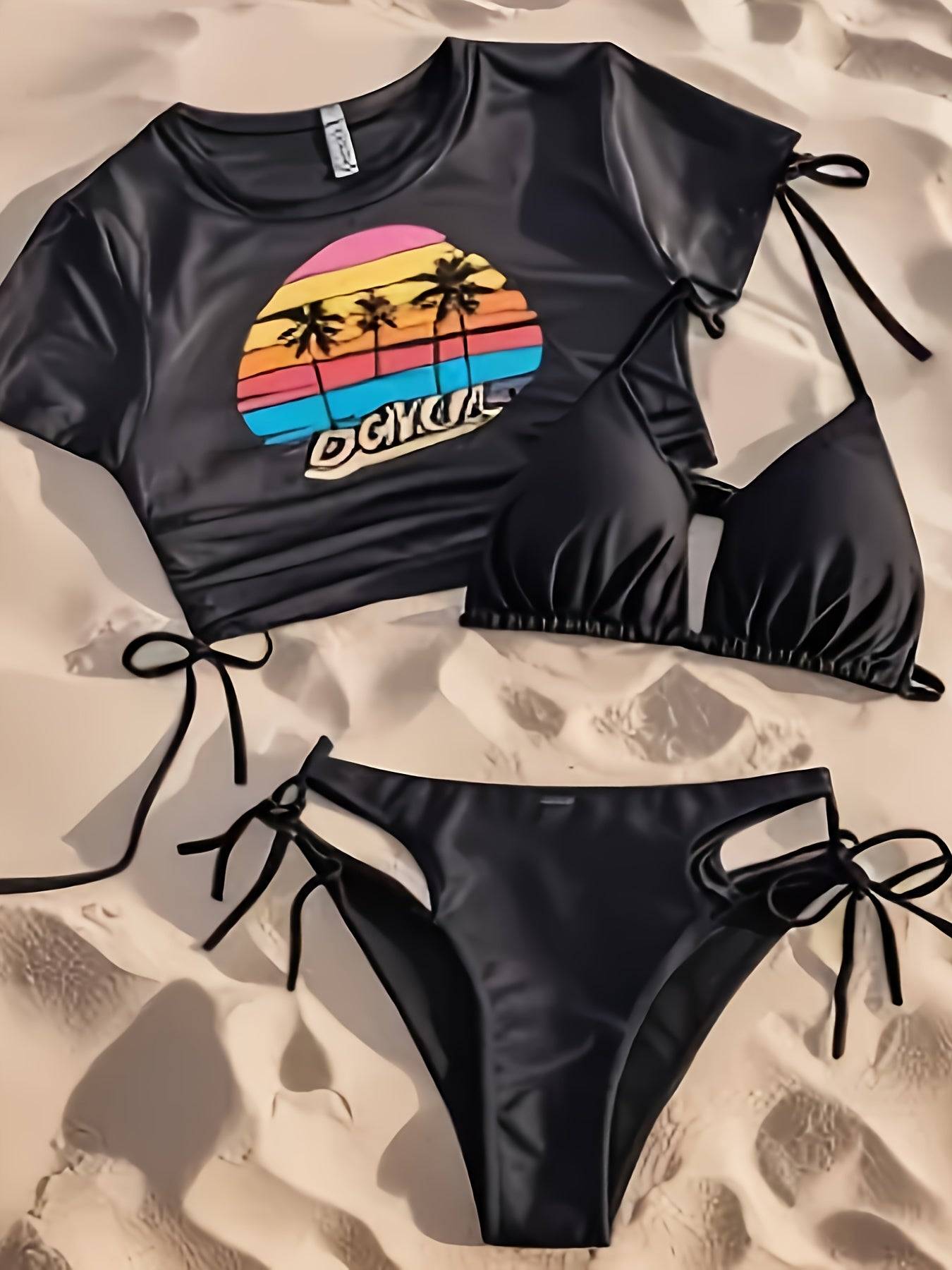 Women’s 3-Piece Bikini Set Halter Triangle Top with Tie Side Bottoms & Cover-Up Coconut Tree Print