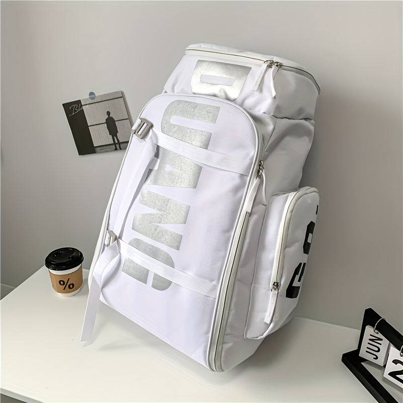 White large travel backpack with bold DUANI lettering, designed for unisex use with wet/dry compartments and adjustable straps.