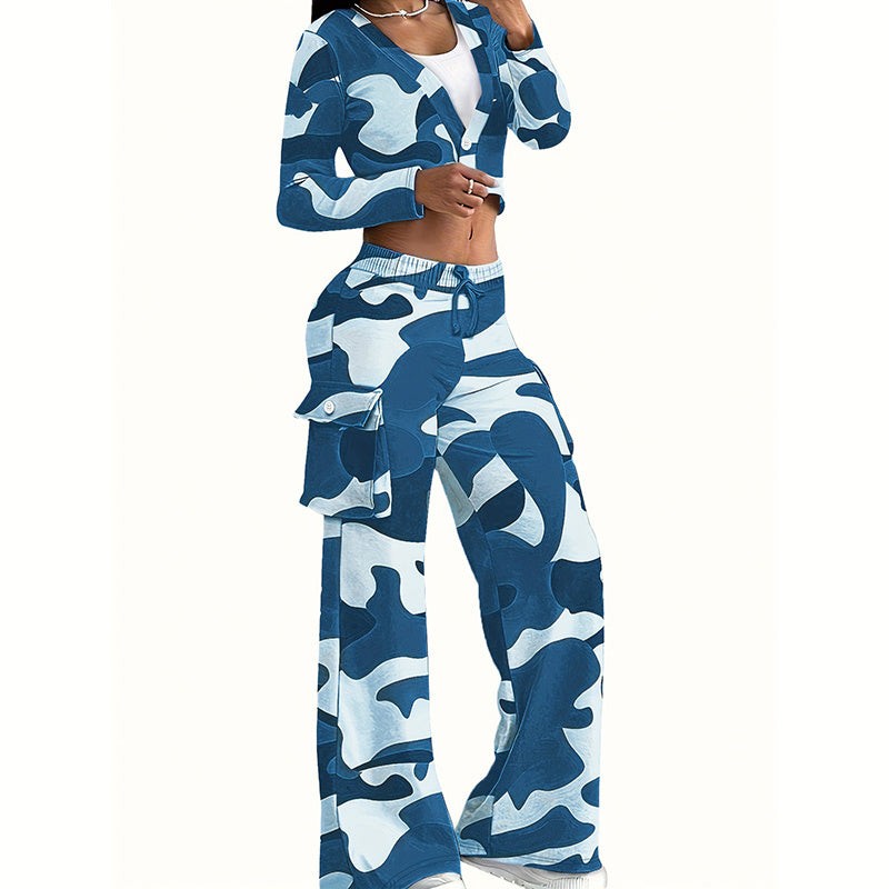 Two Piece Set Camouflage Crop Top and Cargo Pants Women