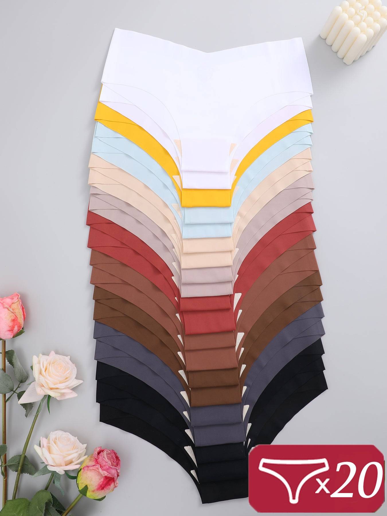 20-Pack Seamless Ice Silk Panties for Women – V-Cut, Drop Waist, Solid Colors, Medium Support
