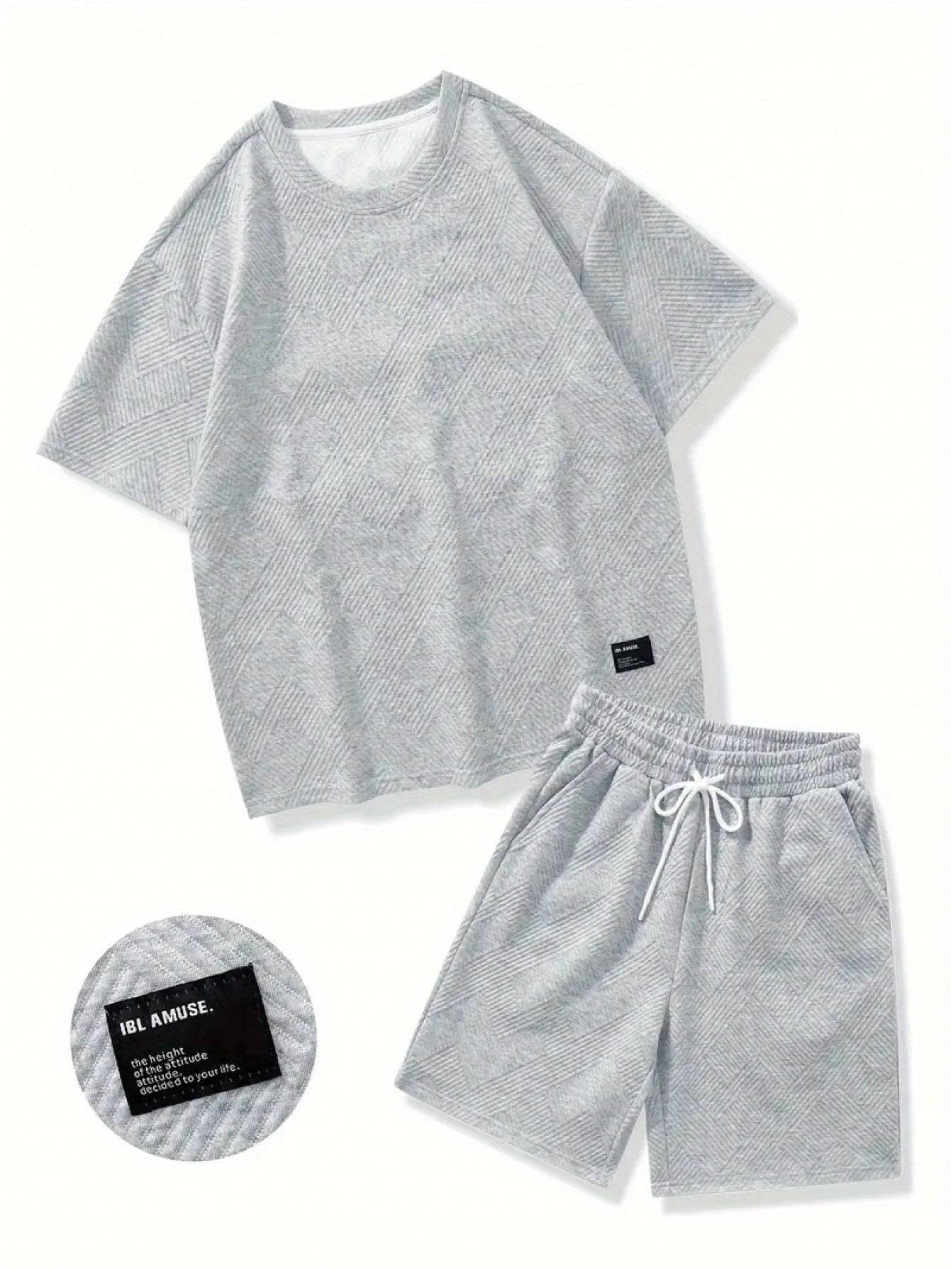 Men's Summer Two-Piece Set, Dark Stripe Texture Short Sleeve Shirt and Matching Shorts, Casual Polyester Outfit for Beach or Daily Wear