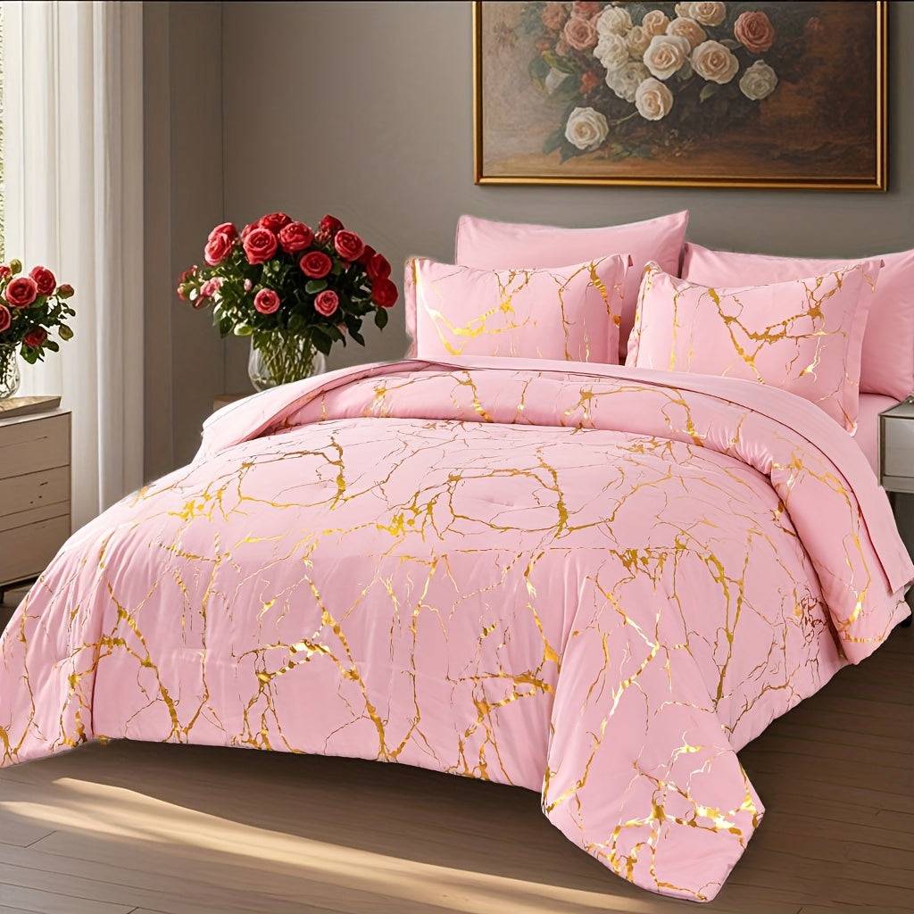 7-Piece Hot Stamping Comforter Set Queen, Soft Ultra-Fine Fiber Bedding with Sheets and Pillowcases, Lightweight All-Season Use