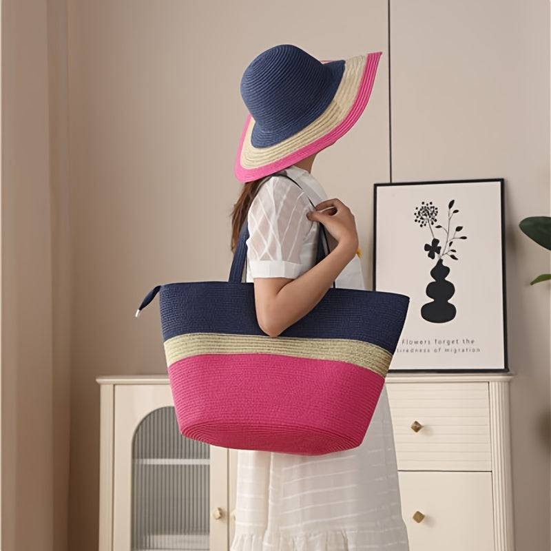 Model wearing navy and pink 2pcs Summer Travel Set with wide brim straw hat and large beach bag, stylish for beach vacations.