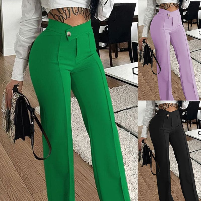 Slim Straight-leg Pants With Buckle Fashion Solid Color Trousers For Womens Clothing - PMMNAPOLES