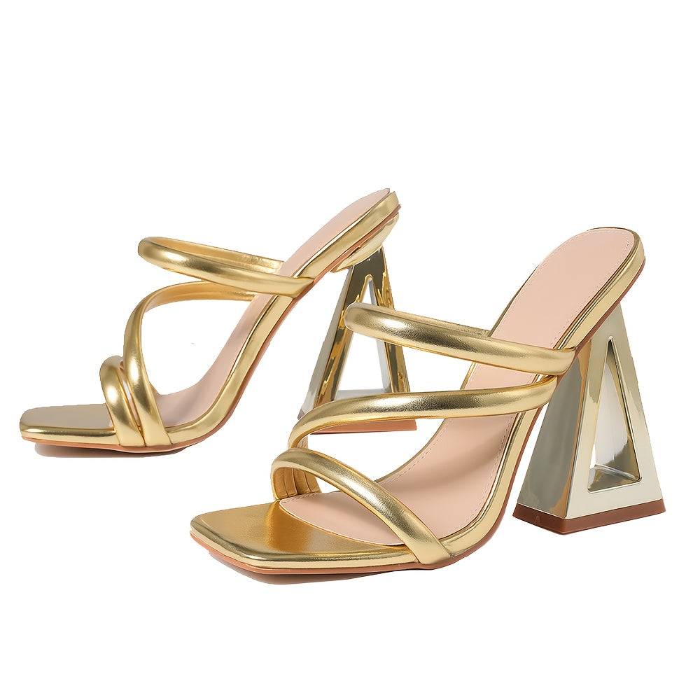 Women’s Strappy Block Heel Mules – Open Toe Triangle-Cut Slip-On Sandals in Gold PU – Stylish High Heels for Parties, Weddings & Night Out