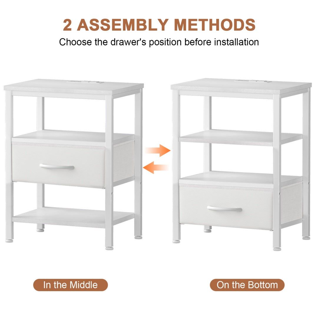 White Bedside Table With Charging Station And Storage