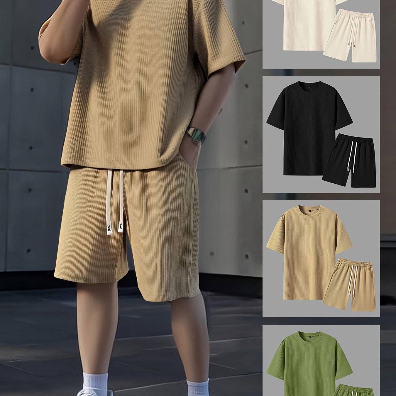 2pcs Men’s Summer Outfit Set – Short-Sleeve T-Shirt & Stretch Shorts in Textured Jacquard Fabric for Casual, Fitness & Beach Wear