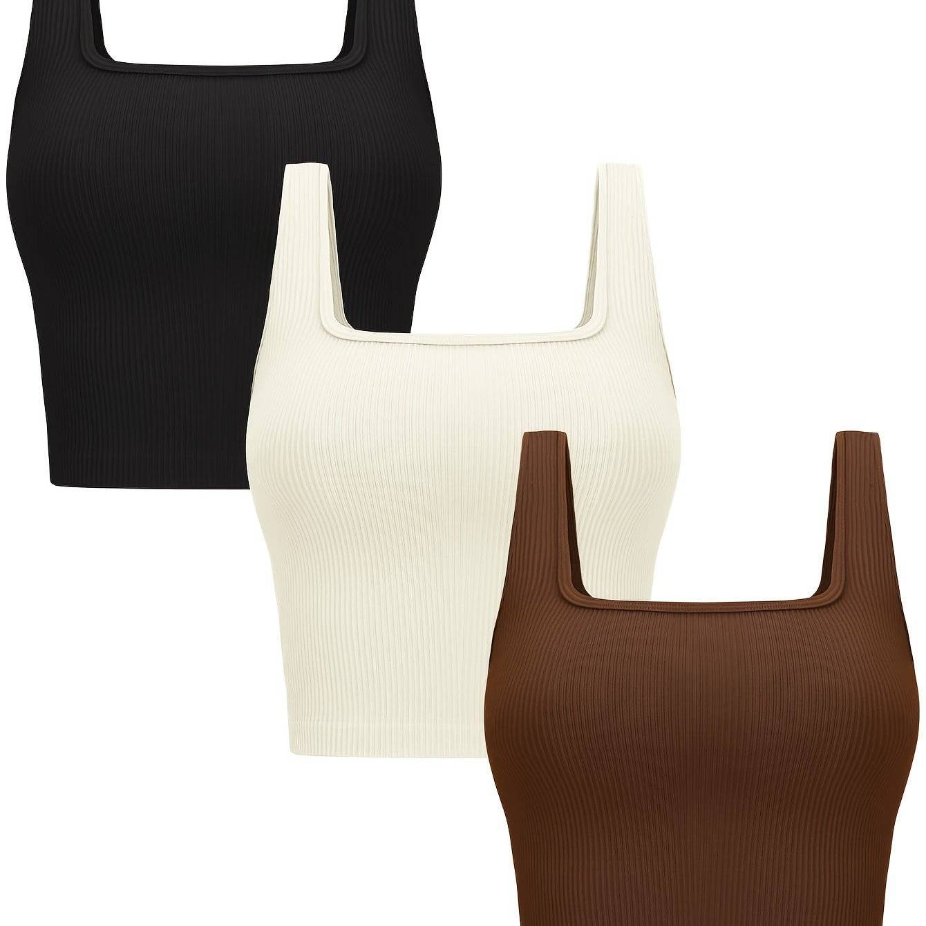 3-Pack Women’s Seamless Ribbed Crop Tank Tops, Square Neck Sleeveless Shirts in Solid Colors, Regular Fit for All-Season Casual Wear