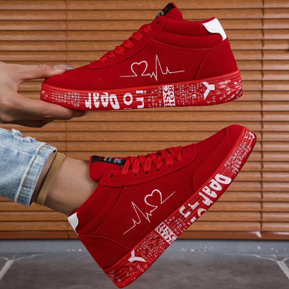 Unisex heart-design sneakers, breathable mid-top casual shoes for skating, daily wear, and outdoor sports
