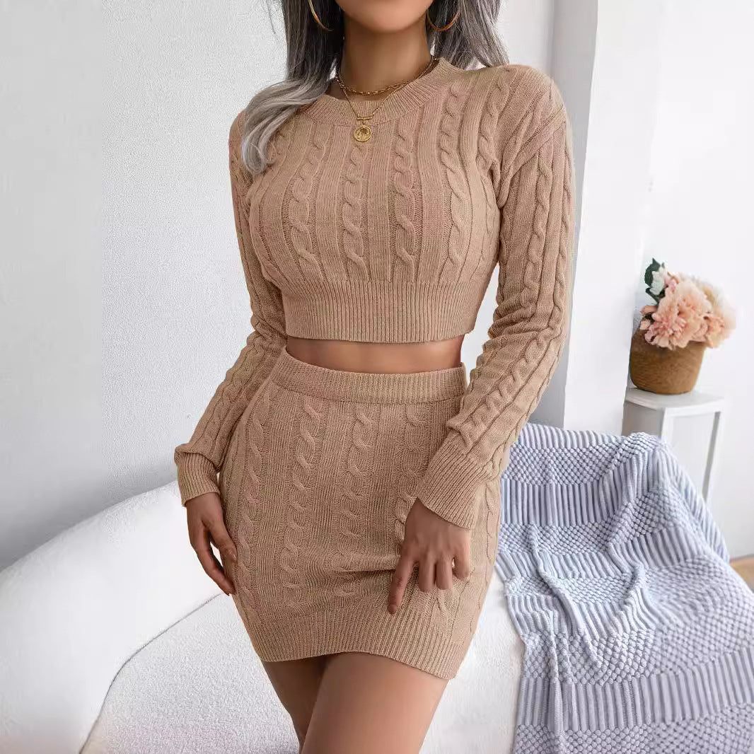 Women’s Knit Two-Piece Set Twisted Crop Sweater and Bodycon Skirt Casual Matching Outfit