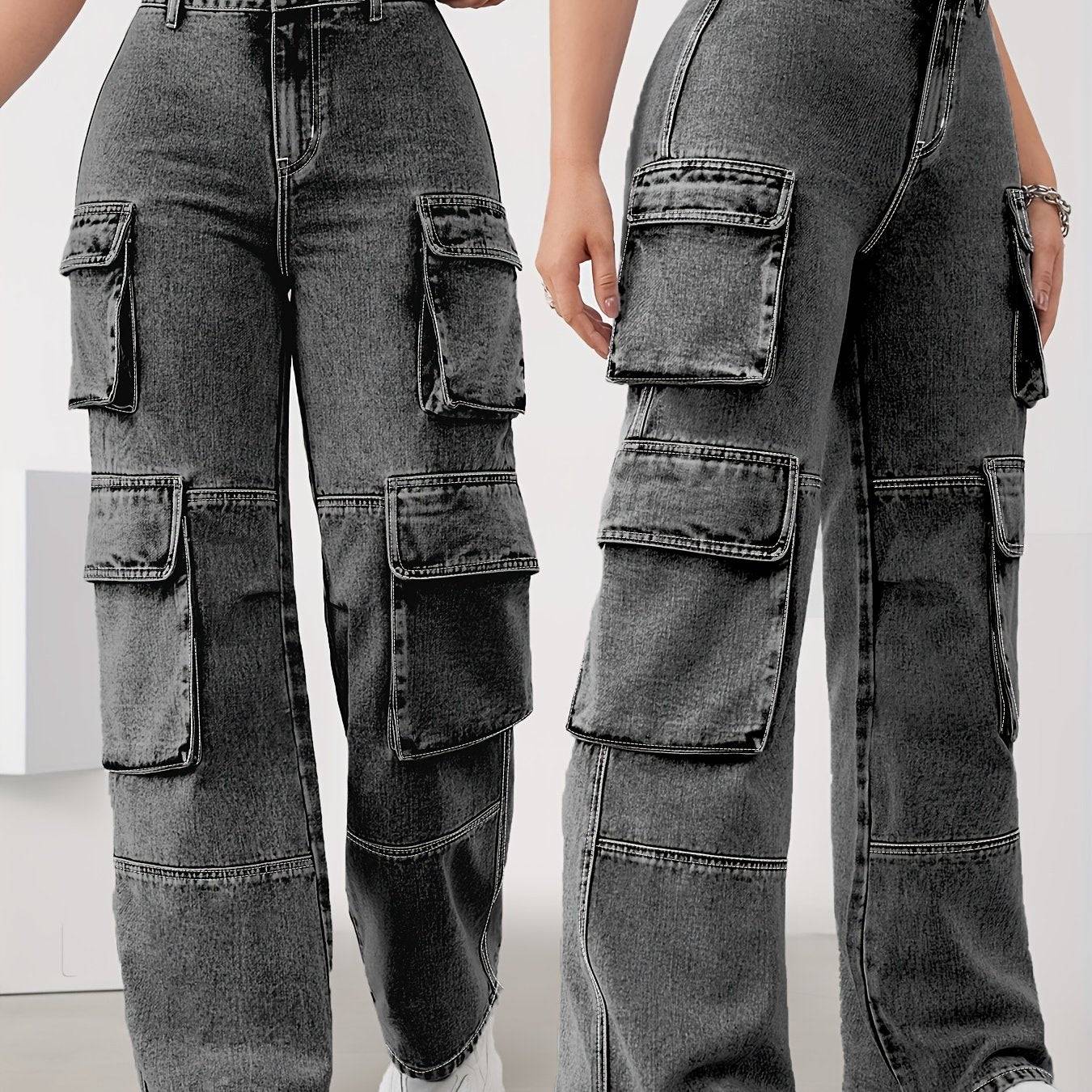 Plus Size Women’s Straight-Leg Jeans Elastic High Waist Dark Gray with Organ Pocket Design