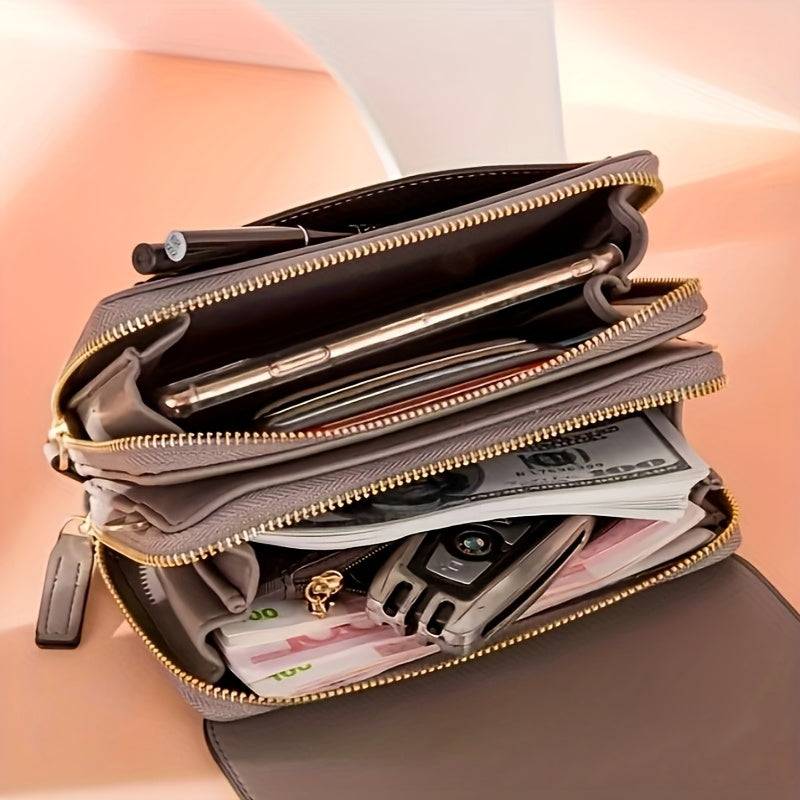 Women’s Square Crossbody Bag with Double Zipper Multi-Compartment PU Shoulder Bag with Card Slots & Detachable Strap for Phone, Coins & Daily Essentials