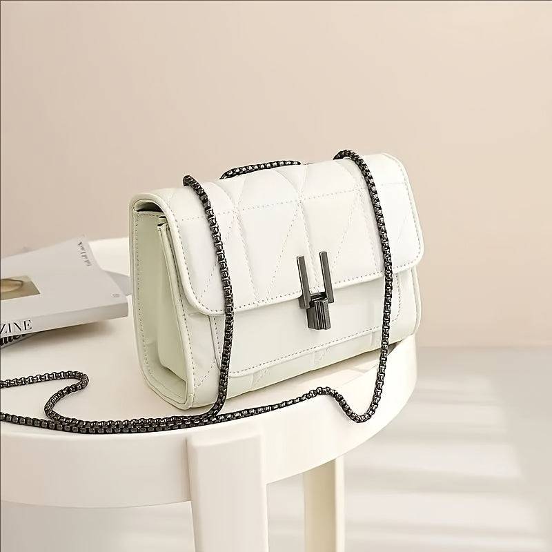 Small Black Belt Bag with Chain Strap – Scottish Pattern, Lock Closure, Faux Leather, Light Luxury Style