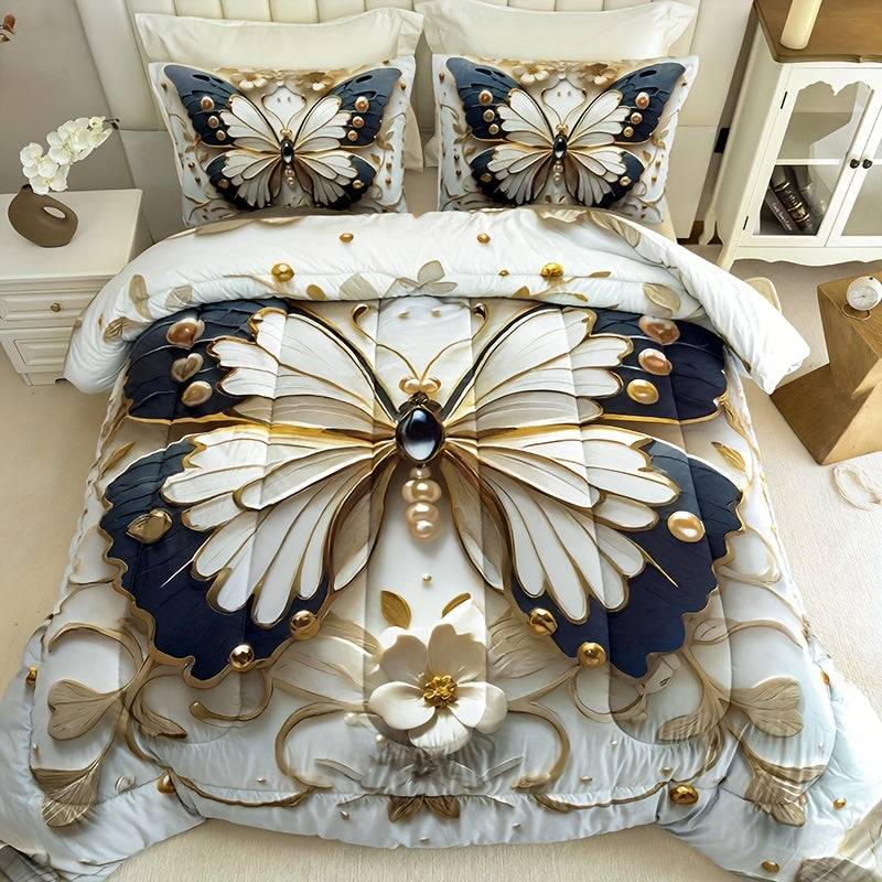 3-Piece Butterfly & Flower Quilt Set – Black & White Digital Print Comforter with Pillowcases