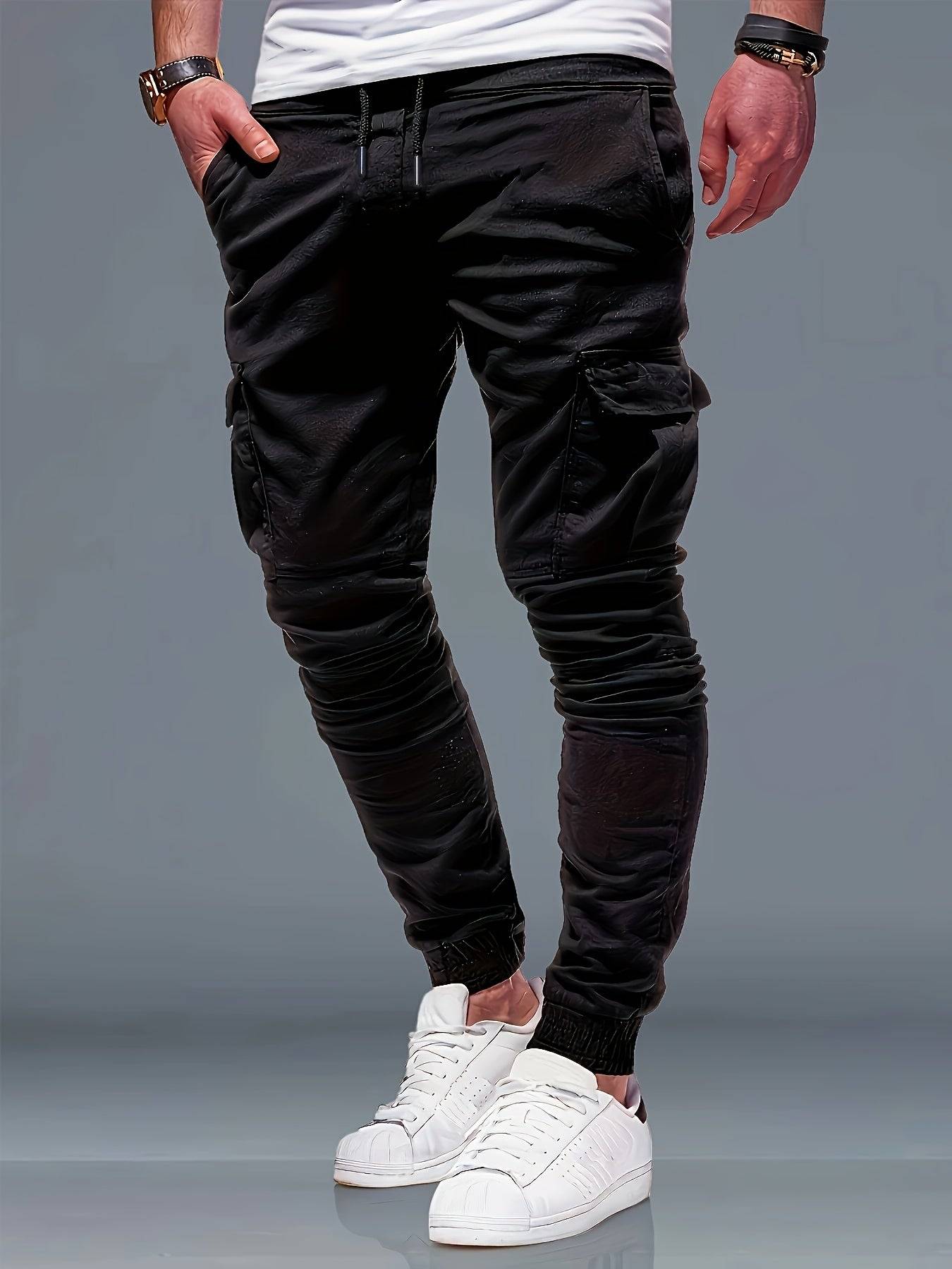 3pcs men's drawstring jogger pants with elastic waist, multi-pocket, regular fit, solid color for gym and casual use