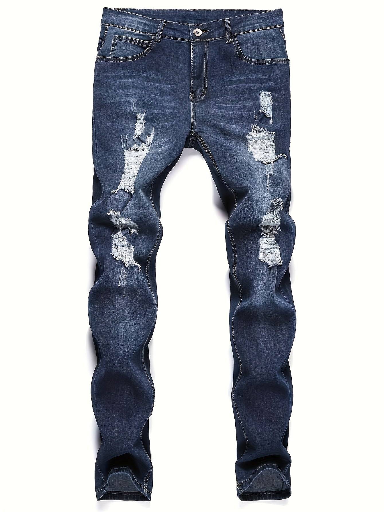 Men’s Slim Fit Stretch Jeans Ripped Old Blue Denim Casual All-Season Trousers