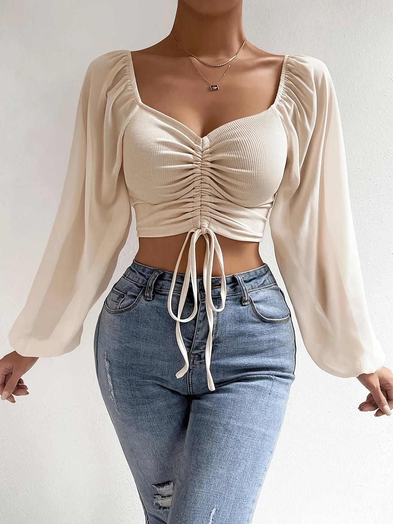 Women’s Off-Shoulder Crop Top – Lantern Sleeves & Drawstring, Solid Color Summer Blouse