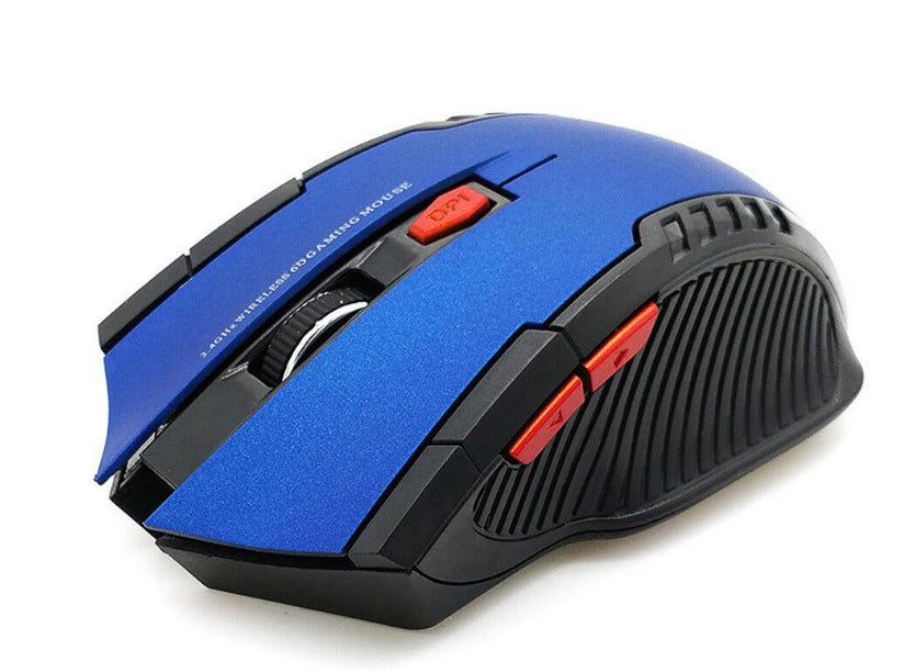 Blue wireless mouse with ergonomic optical design and adjustable DPI, ideal for gaming setups and computer accessories collections.