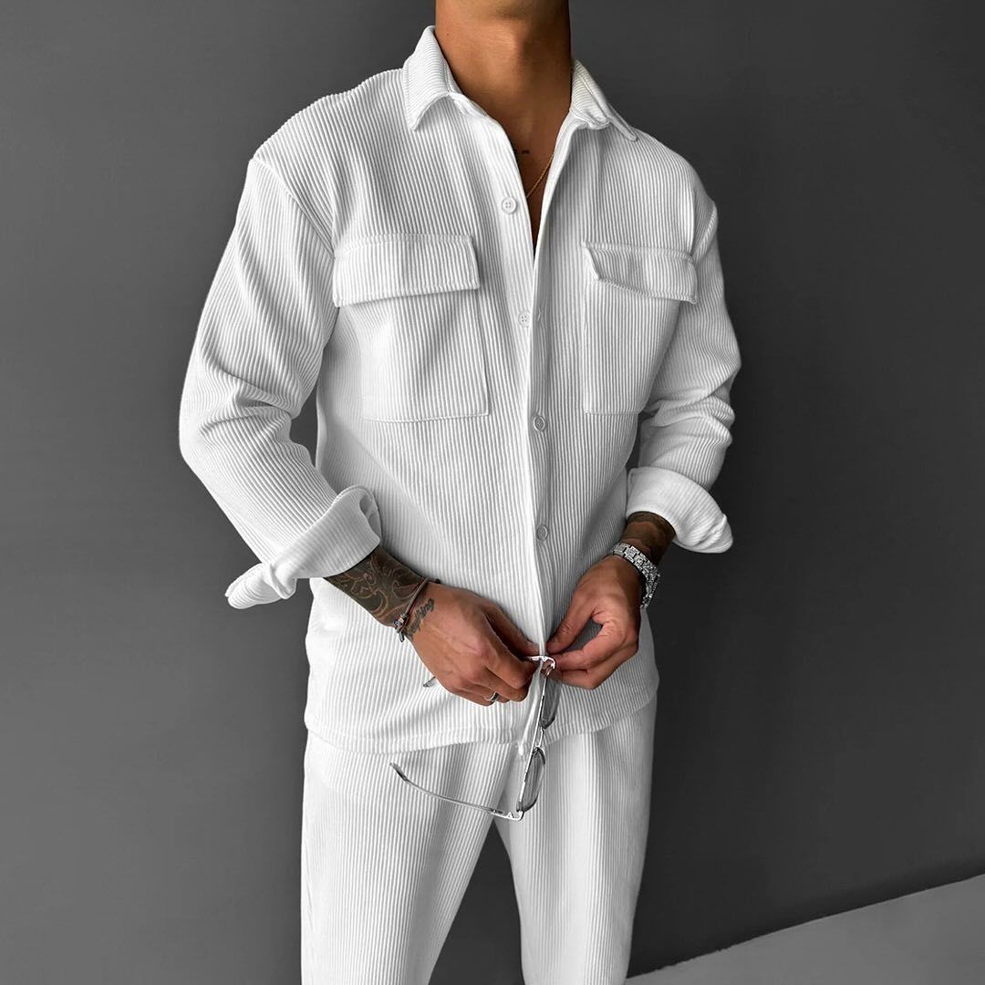 Men’s Long Sleeve Shirt Solid Color Loose Fit Lapel Cardigan Style Polyester Casual Top