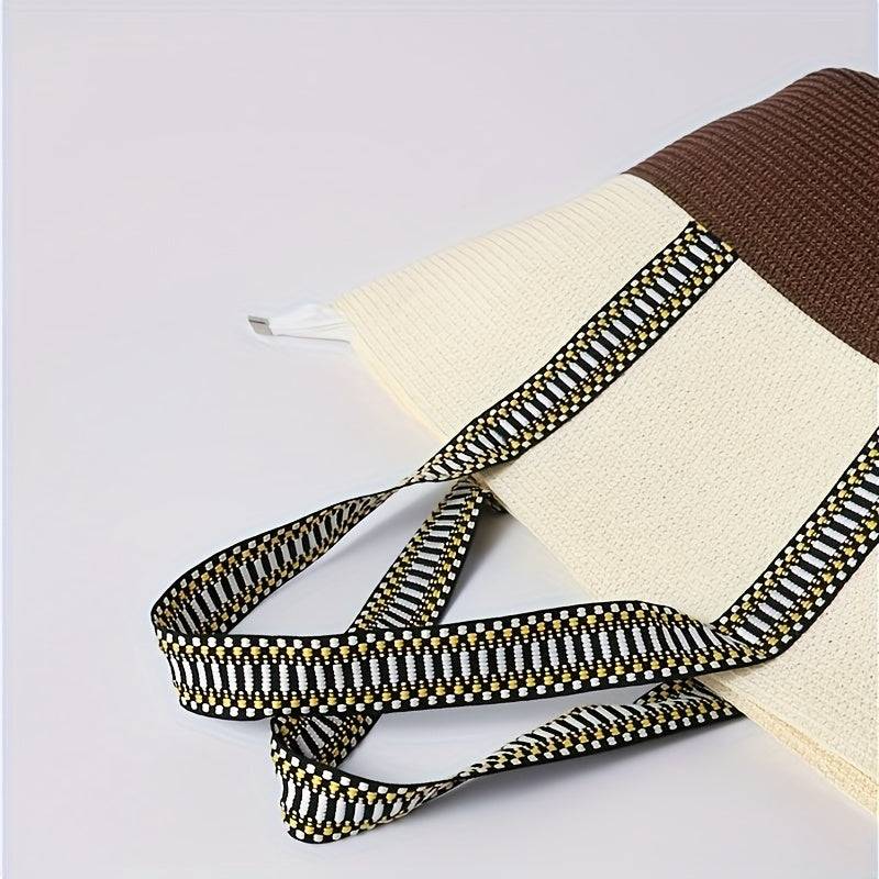 Close-up of patterned handles on cream and brown beach bag from the 2pcs Summer Travel Set, designed for comfort and style.