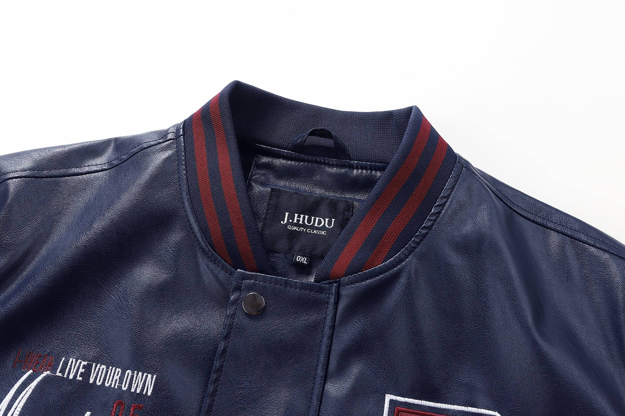 Plus Size Men’s PU Baseball Jacket with Letter “R” Print, Oversized Punk Raglan Design for Big & Tall, Spring & Autumn Wear