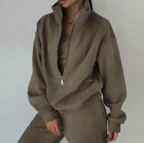 Women Two Piece Set Fleece Solid Color Casual Suit
