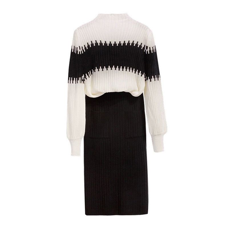 Two Piece Set Knit Color Block Sweater Skirt Winter Formal