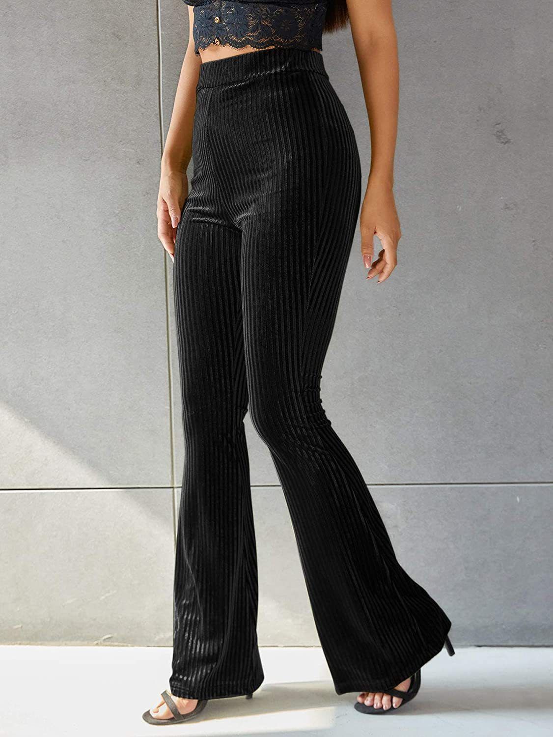 Women’s High Waist Flare Pants Gold Velvet Ribbed Striped Solid Color Slim Fit Trousers