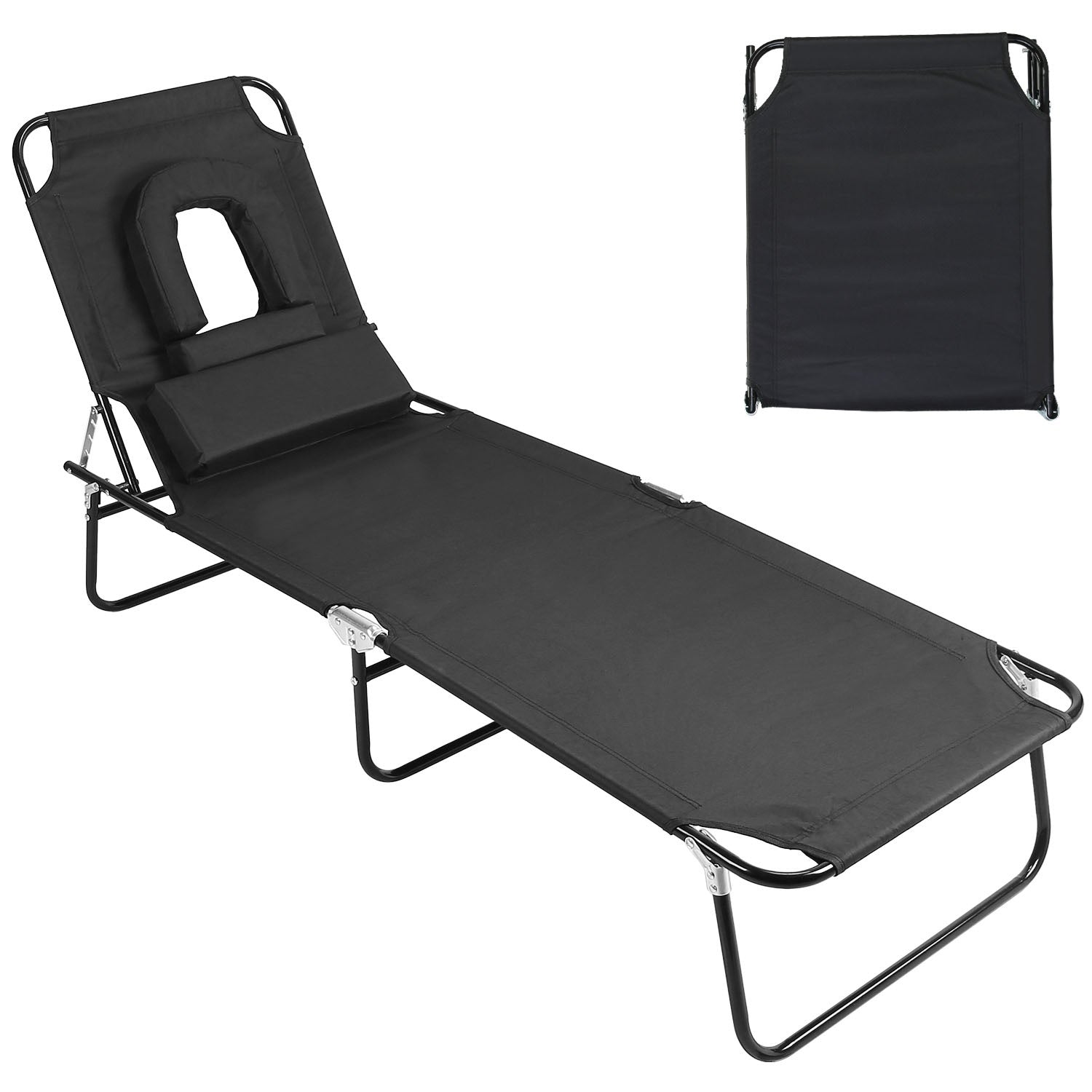 Folding Beach Lounge Chair with Face Hole 5-Position Adjustable Recliner 3 Removable Pillows 265 lbs Max Load