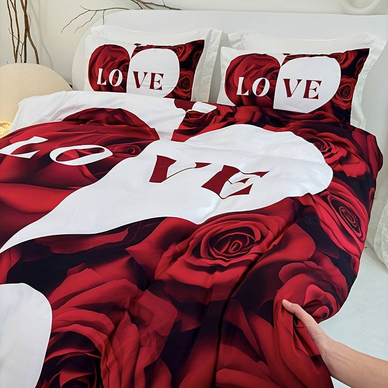 3-Piece Red & White Love Heart Duvet Cover Set – Romantic Digital Print Bedding for Bedroom Decor & Mother’s Day Gift