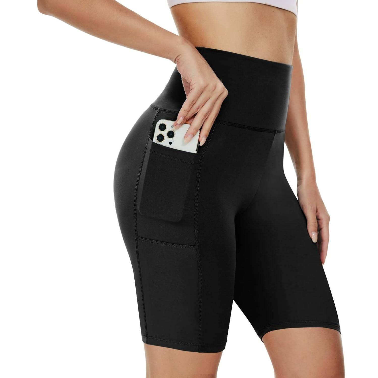 Women’s High-Waisted Slim Fit Sports Shorts with Pockets, Hip-Lifting Polyester Design