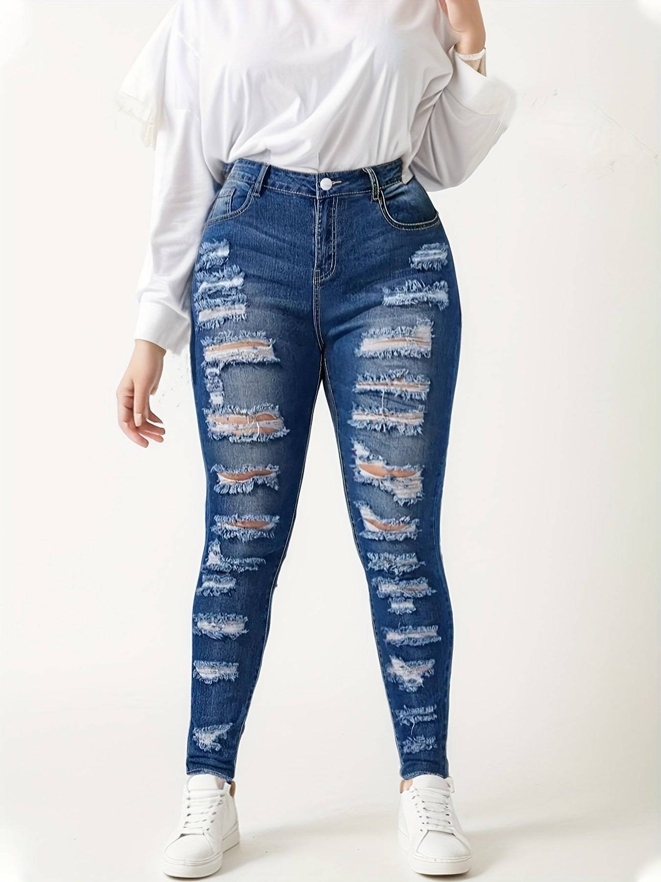 Women High Waisted Ripped Wide Leg Jeans