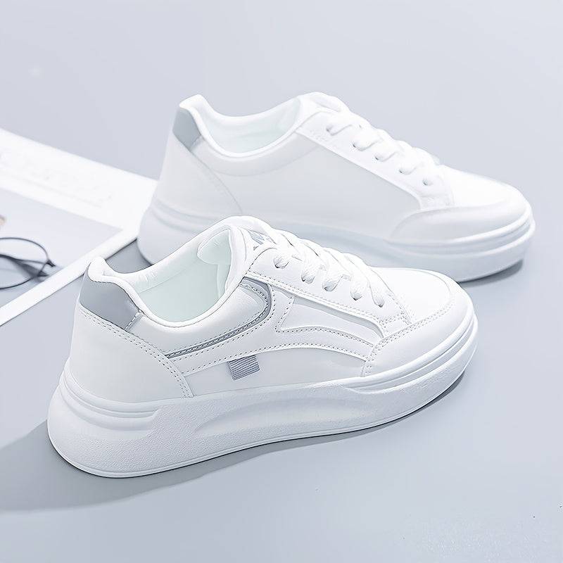 Women’s All-Season Lace-Up Sneakers – White Casual Shoes with Round Toe, Thick Platform Sole & Durable PVC Outsole