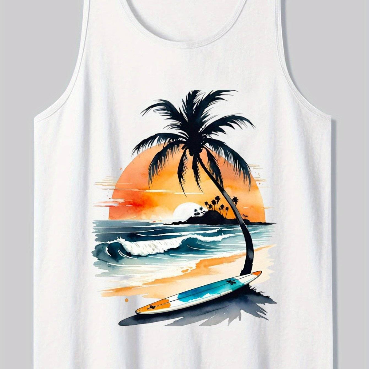 Men’s Sleeveless Tank Top Cotton Comfort Palm Tree Beach Print Casual Summer Style