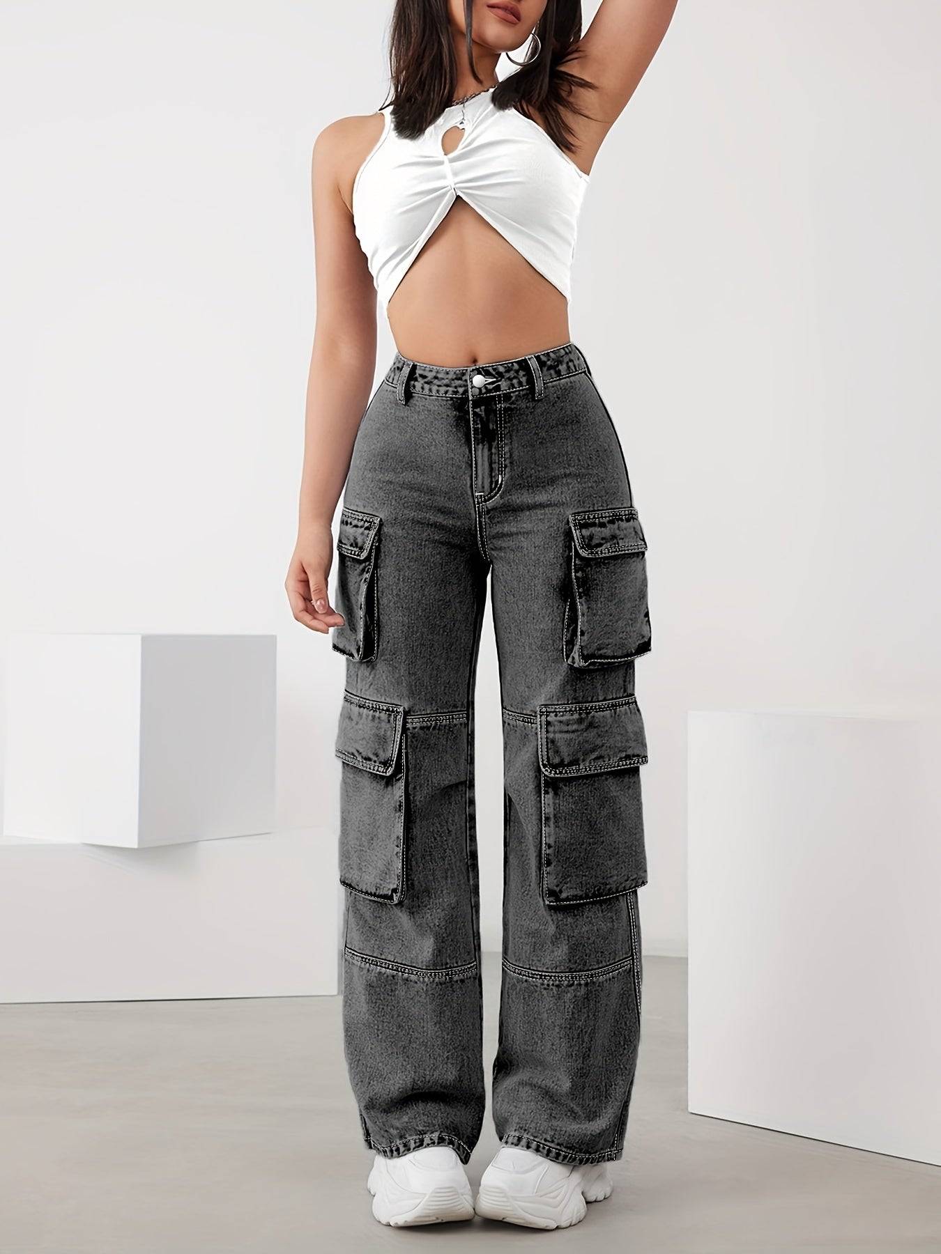 Plus Size Women’s Straight-Leg Jeans Elastic High Waist Dark Gray with Organ Pocket Design