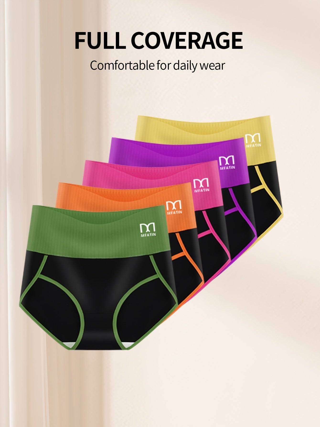 5pcs high-waist tummy control panties for women, contrast color briefs, soft stretch fabric, comfortable bikini fit