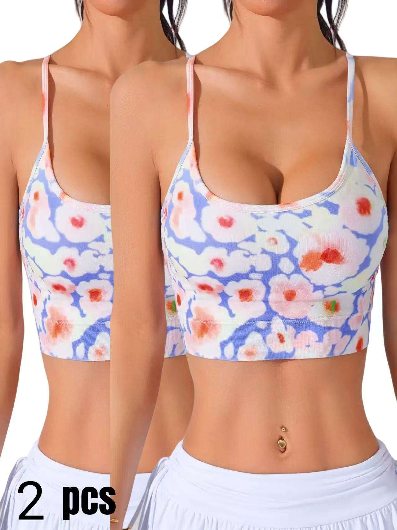 2 Pack Floral Print Sports Bras Cross Back