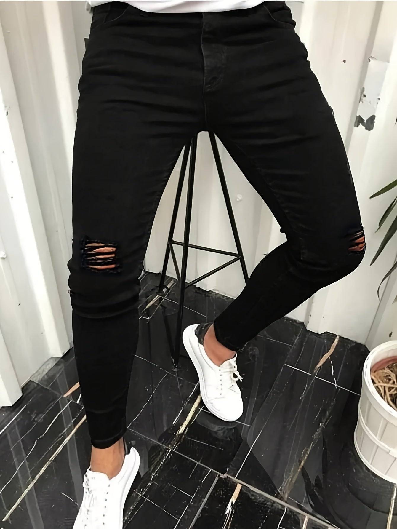 Men’s Stretch Skinny Ripped Jeans – Mid-Rise Distressed Solid Color Denim Pants with Multi-Pocket Workwear Design for Everyday Wear