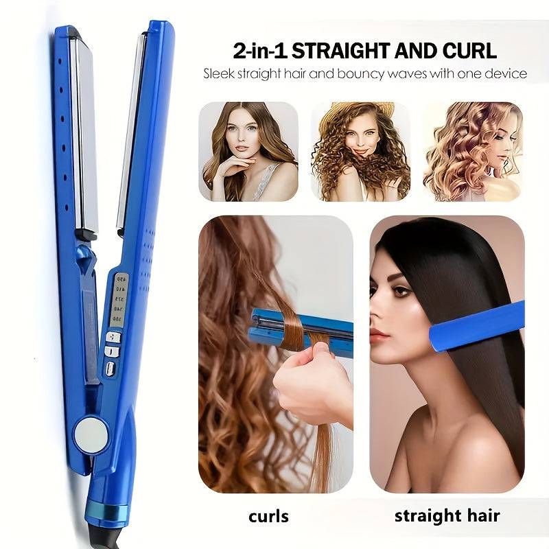 3-Piece Blue Hair Styling Kit Rapid-Heating Straightener, Curling Iron & V-Shaped Brush Multifunctional Hair Tools for Home & Travel