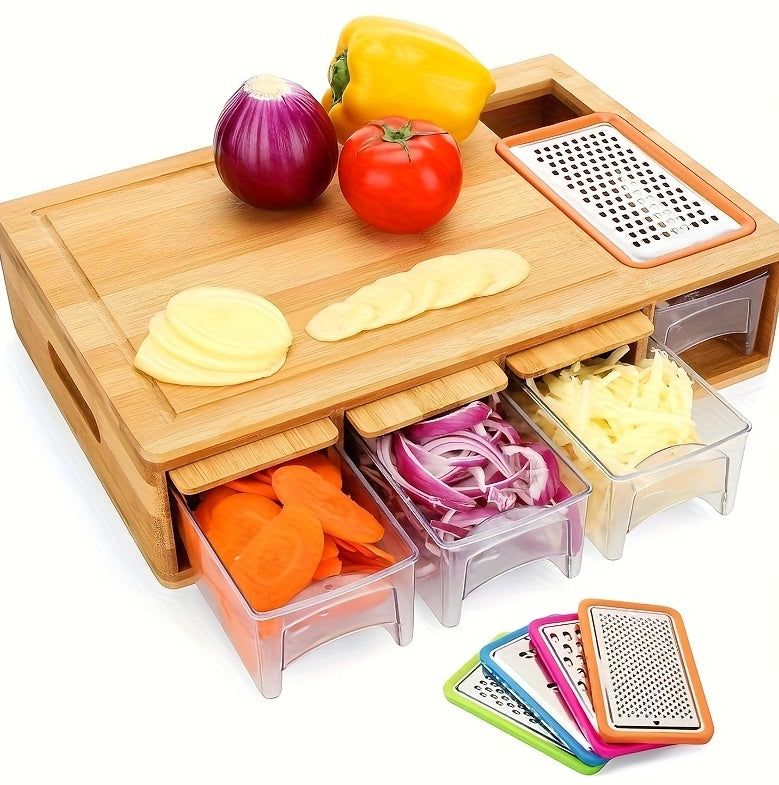 Bamboo Cutting Board with Drawer and Prep Trays