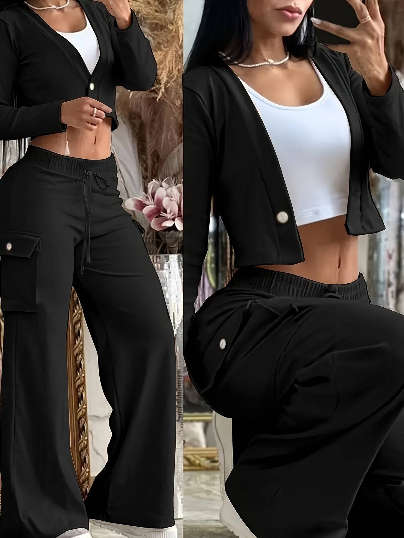 Close-up of black women's cardigan and pants set with button-up V-neck and cargo pockets, designed for fall and winter casualwear.